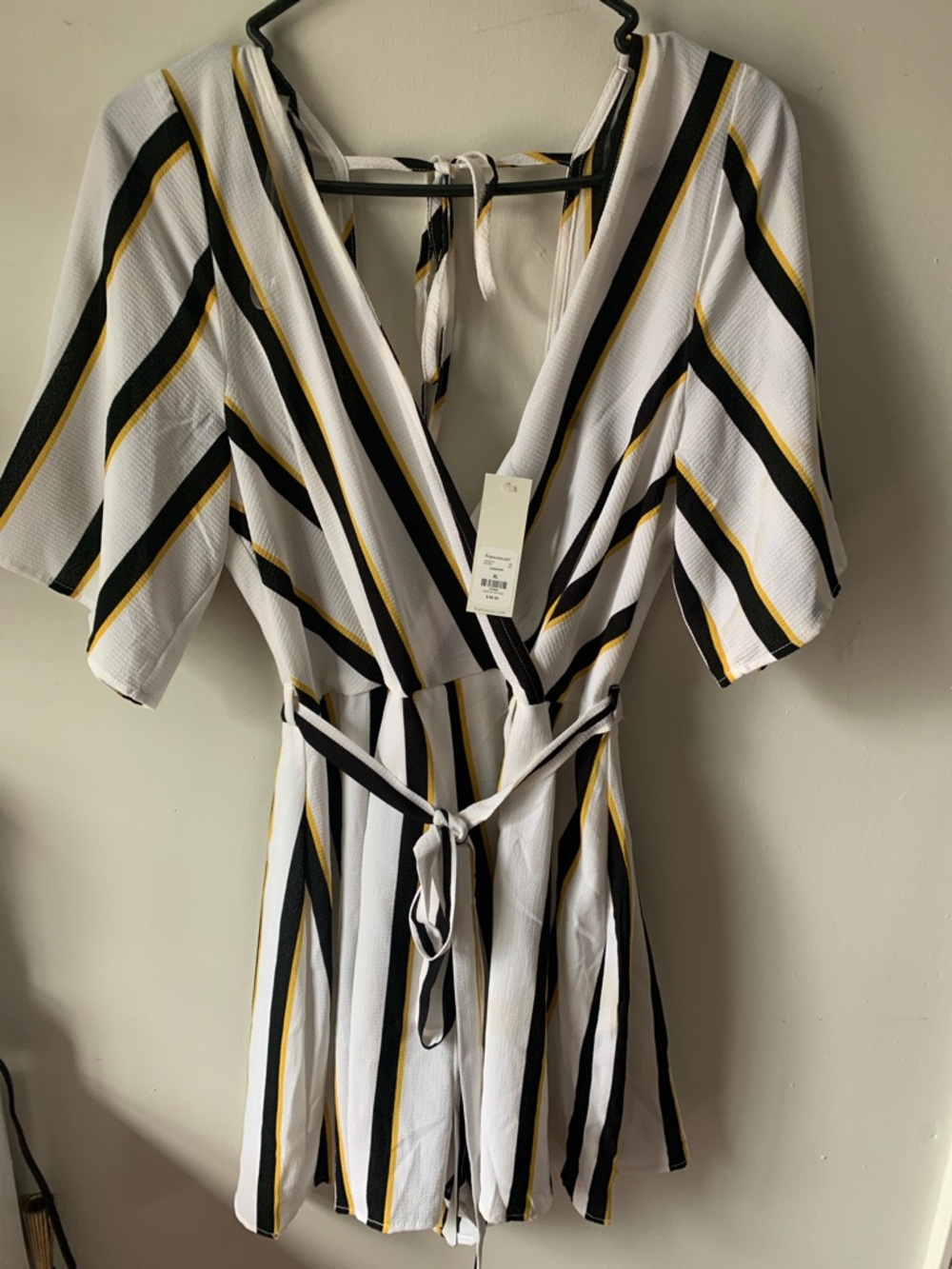 Striped Wrap Mini Dress Romper in White, Black & Yellow